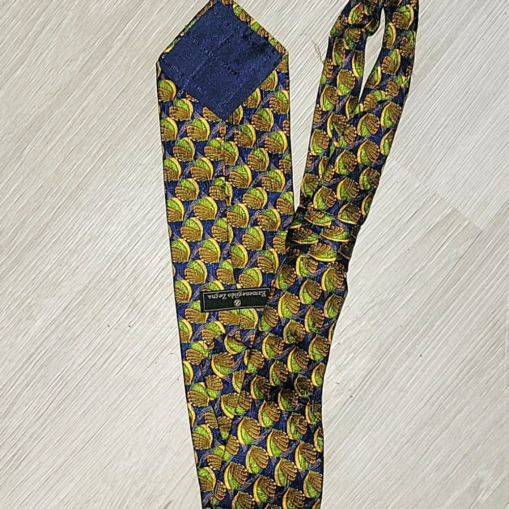 ERMENGILDO ZEGNA 100% Silk‎ Tie Geometric Print Green/Blue Designer Tie Career